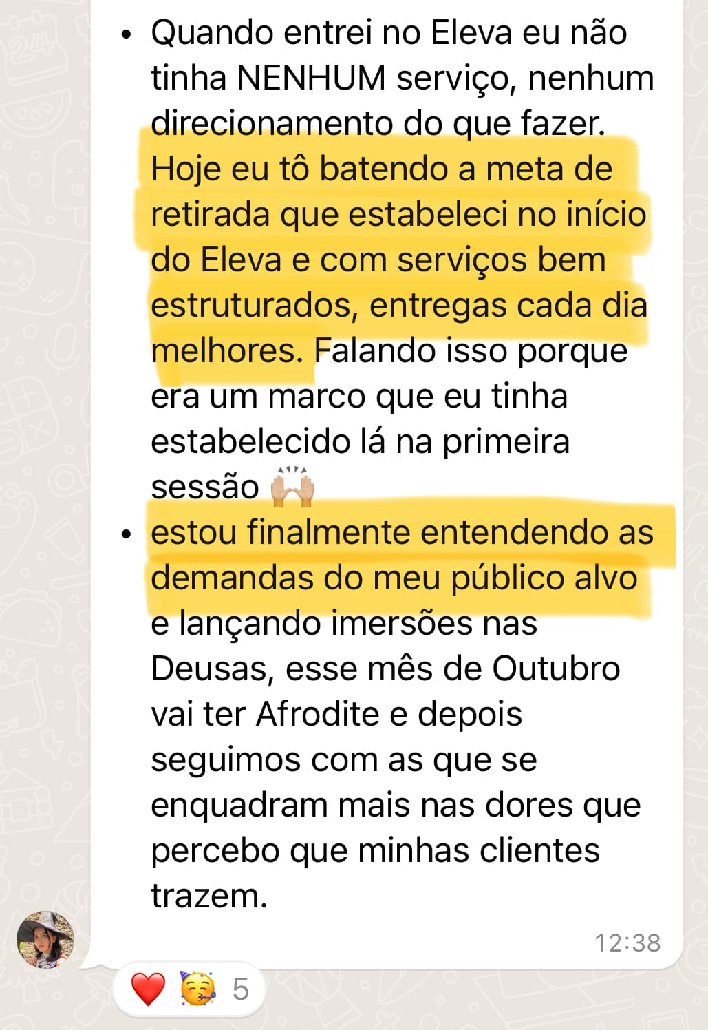 Depoimento de mentorada: entrou sem nenhum serviço e hoje bate a meta de retirada com serviços bem estruturados.